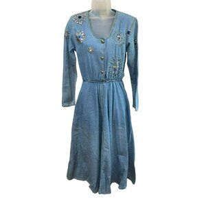 Ladies Vintage Museum Denim Maxi Studded Jeweled Dress Size Medium